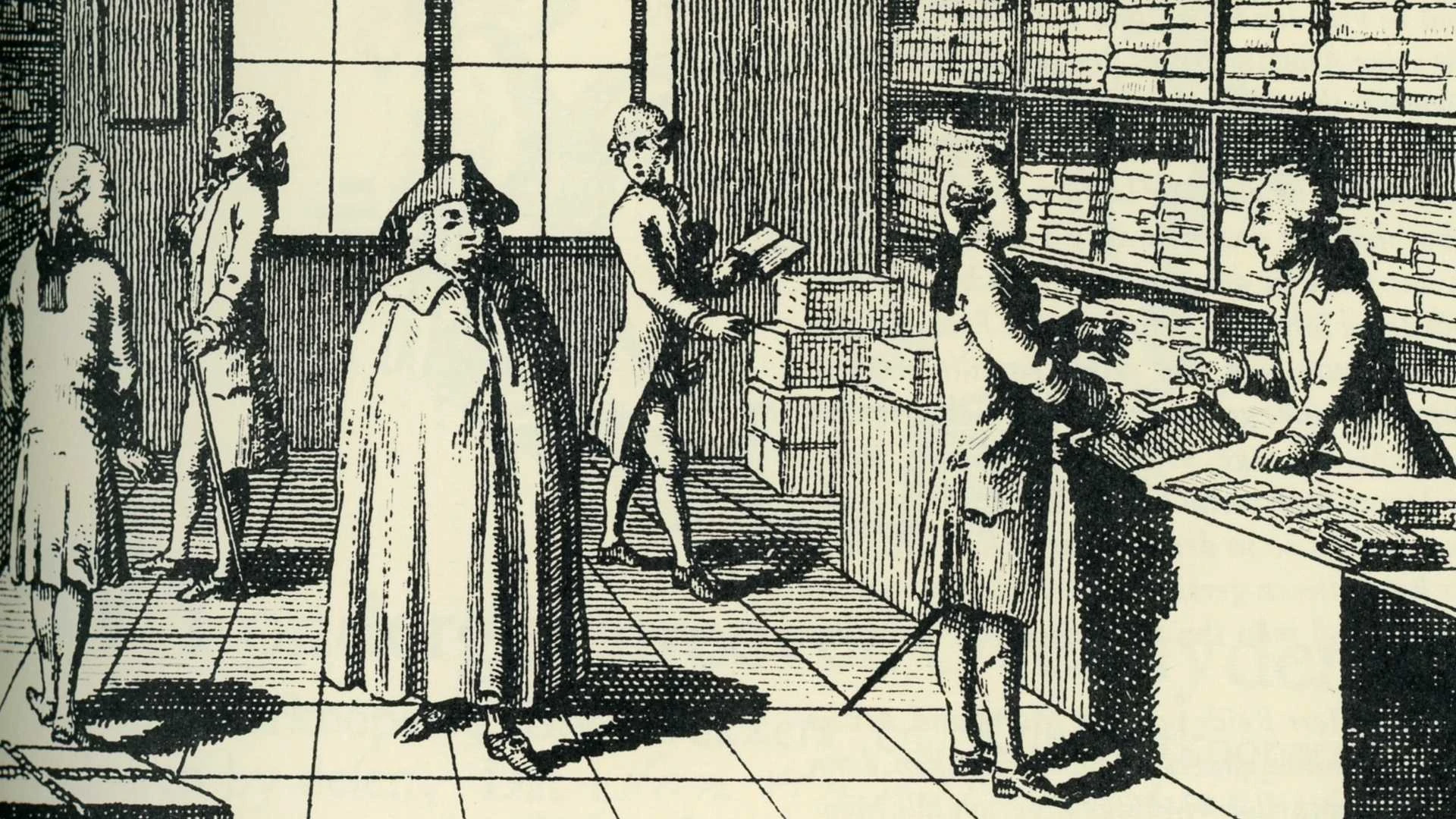 Schwarz-Weiß-Abbildung von vier Männern in Kleidung aus dem 18. Jahrhundert in einem Raum mit Regalen voller Bücher und Dokumente, von denen einige die Gegenstände stapeln oder handhaben.