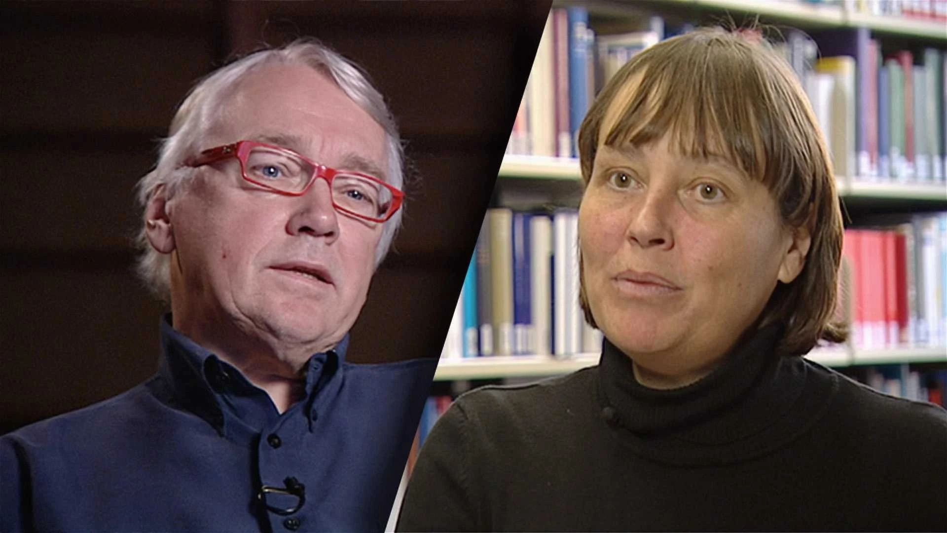 Split-Screen-Bild mit einem älteren Mann mit Brille auf der linken Seite und einer Frau mit kurzen Haaren vor einem Bücherregal auf der rechten Seite.