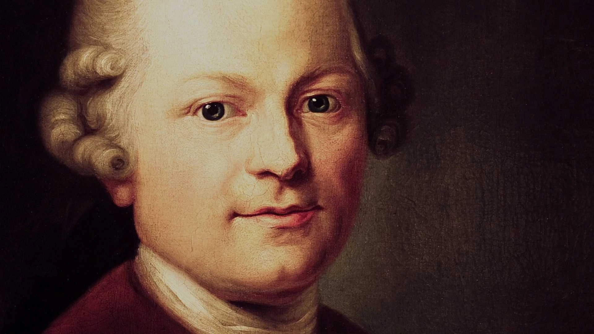 Nahaufnahme eines im klassischen Stil gemalten Porträts, das eine Person mit heller Haut, gelocktem weißem Haar und zeitgenössischer Kleidung vor einem dunklen Hintergrund zeigt.