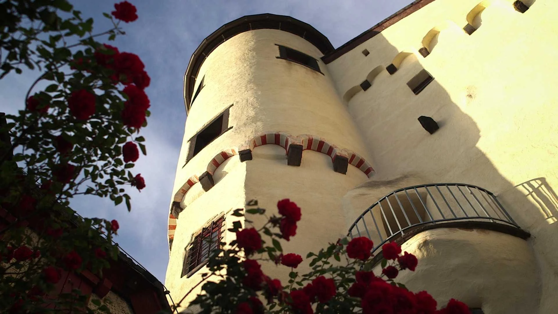 Nahaufnahme eines Schlossturms mit hellgelben Wänden und kleinen Fenstern, umrahmt von roten Rosen im Vordergrund vor einem blauen Himmel.