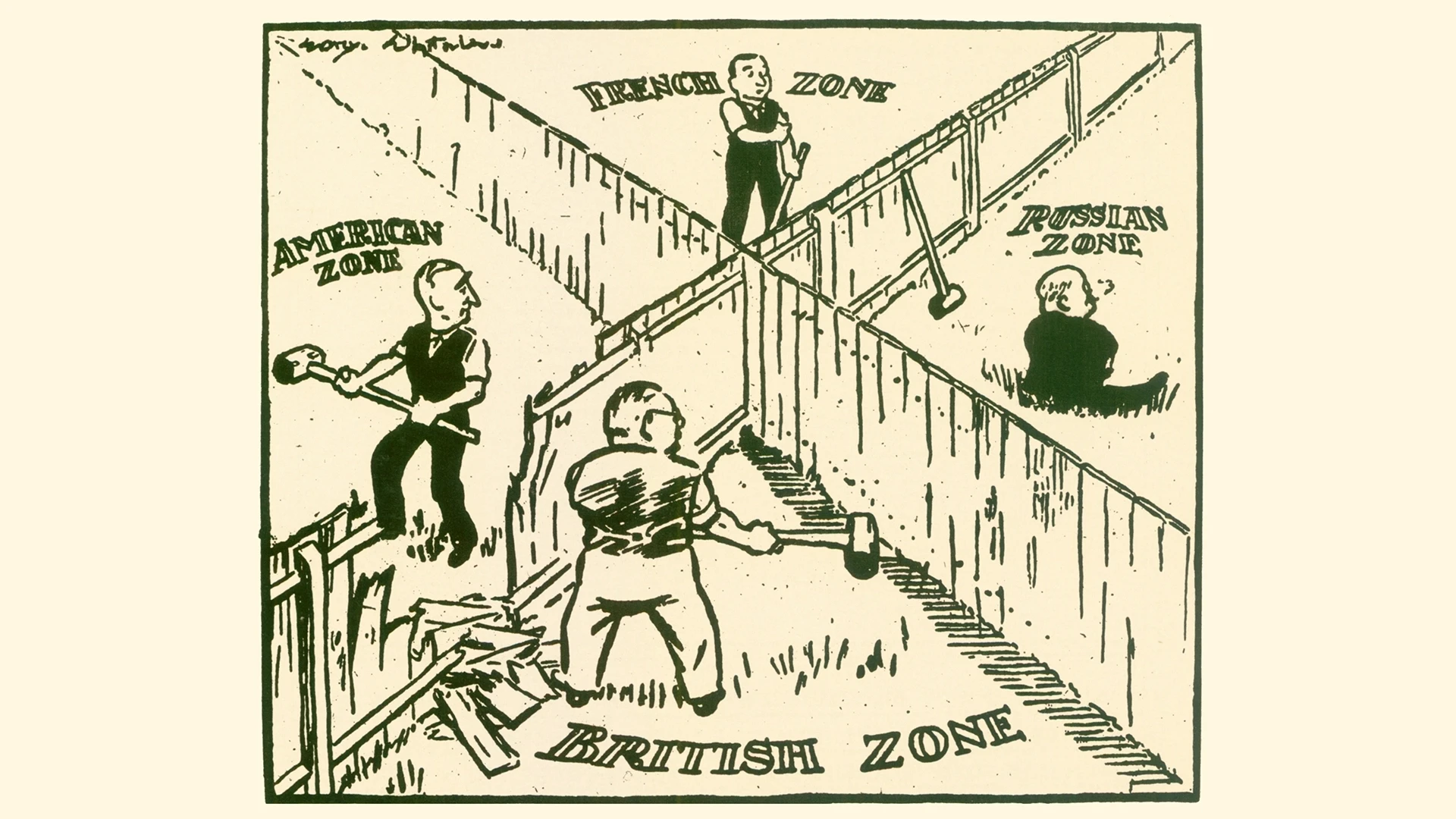 Die Karikatur zeigt vier Männer, die Zäune errichten, um ein Grundstück in amerikanische, britische, französische und russische Zonen aufzuteilen, die die Besatzungszonen in Deutschland nach dem Zweiten Weltkrieg darstellen.
