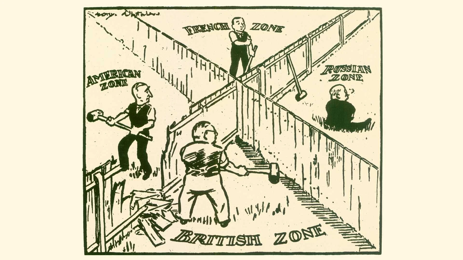 Eine Karikatur zeigt vier Männer, die das Land mit Hilfe von Zäunen in die französische, russische, amerikanische und britische Zone aufteilen, wobei jeder in seinem jeweiligen Abschnitt arbeitet.