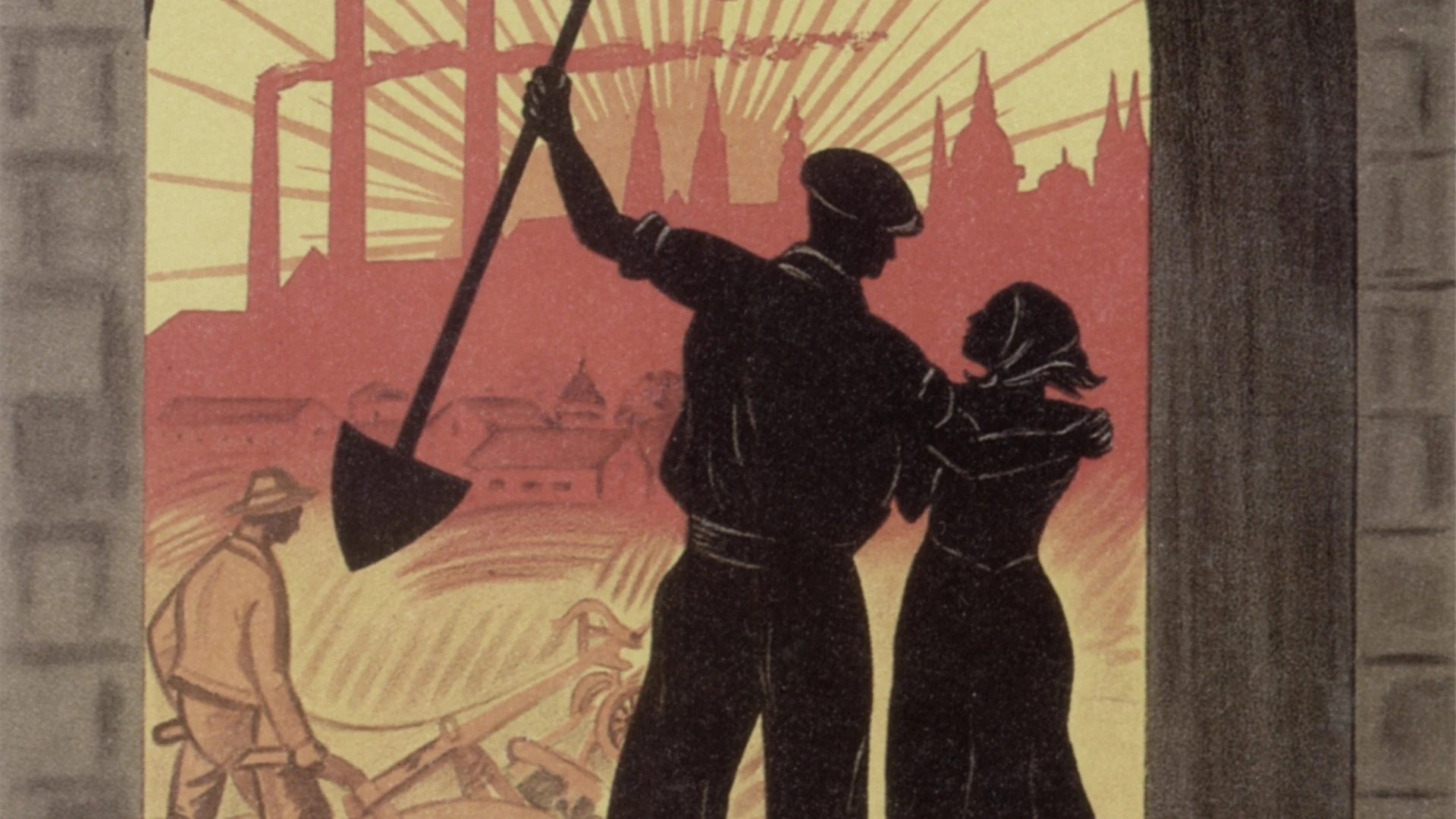 Ein Mann mit einer Schaufel in der Hand umarmt eine Frau vor einer industriellen Stadtlandschaft; im Hintergrund ist ein anderer Arbeiter zu sehen, der ein Feld pflügt.