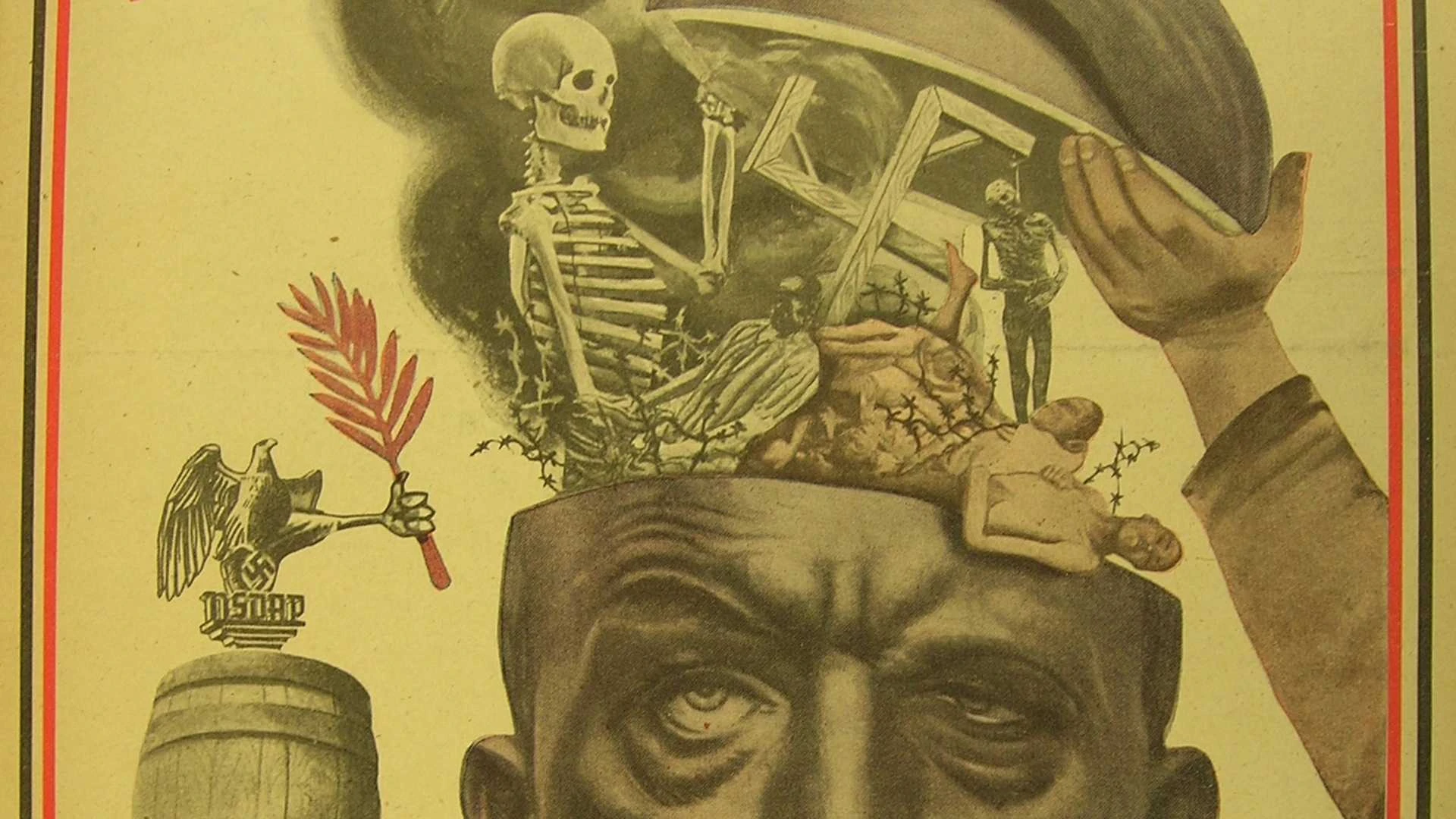 Eine Hand hebt den Kopf eines Mannes an und gibt den Blick frei auf Skelette, Stacheldraht und Kriegssymbole im Inneren, mit einem dunklen Adler und einem Fass auf der linken Seite der Illustration.
