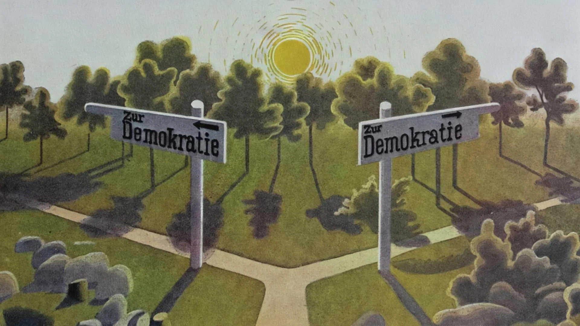 Zwei Wege in einem Park teilen sich in Schilder mit der Aufschrift "Zur Demokratie", die beide nach rechts weisen, während über ihnen Bäume und die Sonne scheinen.