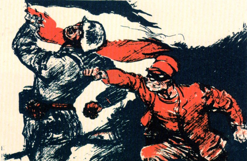 Eine Zeichnung von zwei kämpfenden Figuren: eine in Militäruniform, die andere in roter Kleidung und Mütze, mit einem kräftigen roten und schwarzen Hintergrund.