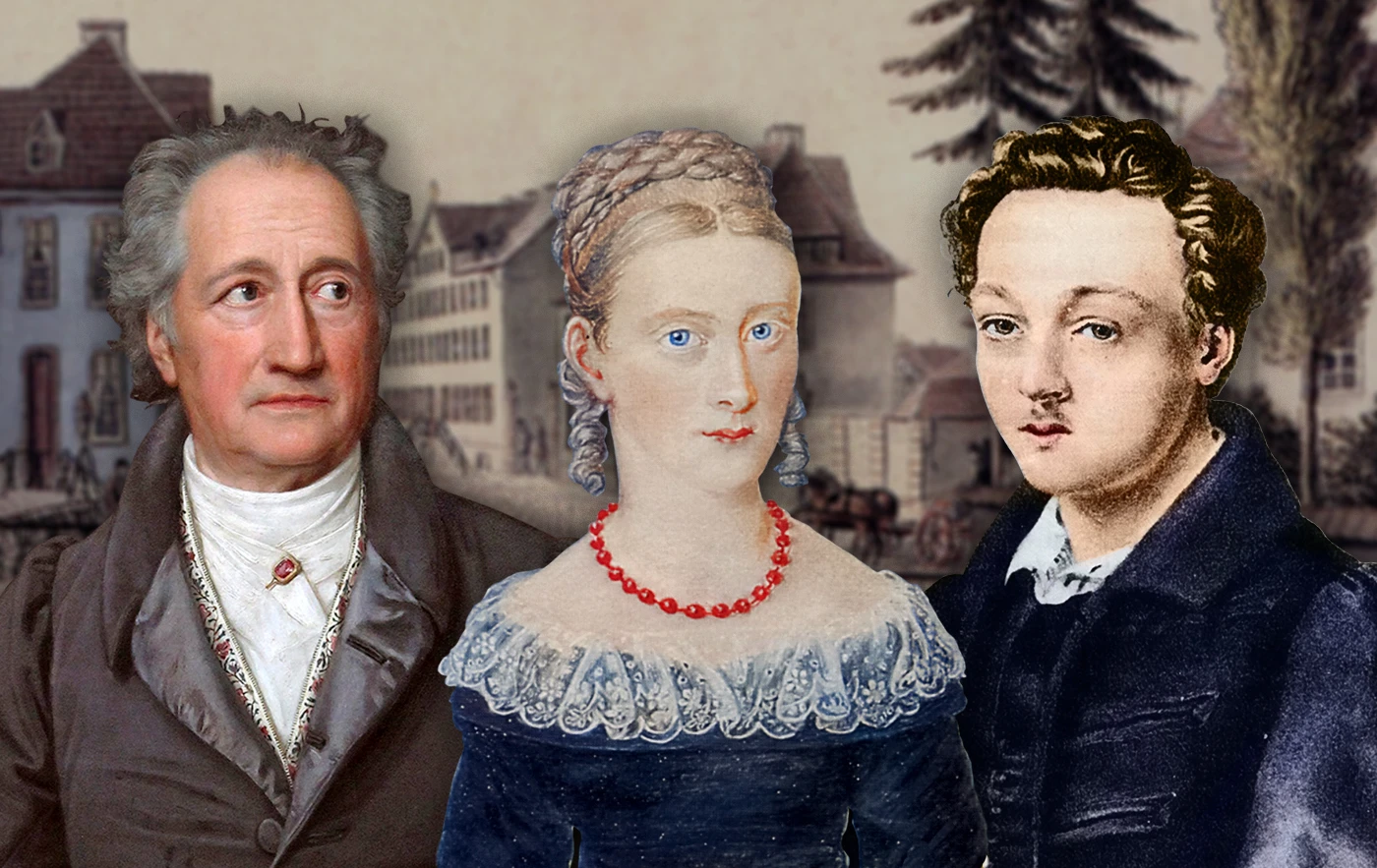 Drei historische Figuren in historischer Kleidung stehen vor einer gemalten Kulisse mit alten europäischen Gebäuden und Bäumen.